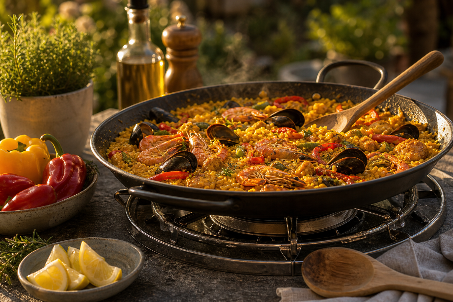 Miniature de paella au safran dans un grand plat