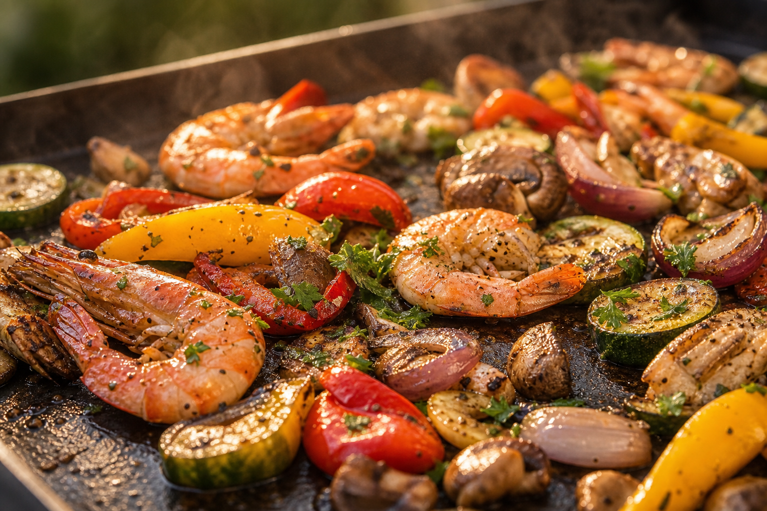 Miniature de cuisine à la plancha avec légumes grillés et fruits de mer