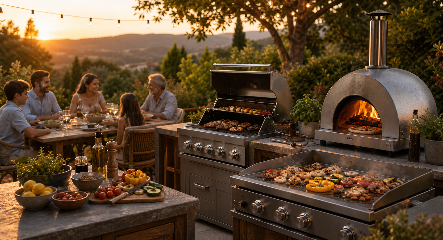 Cuisine extérieure avec barbecue, four à pizza et équipement robuste