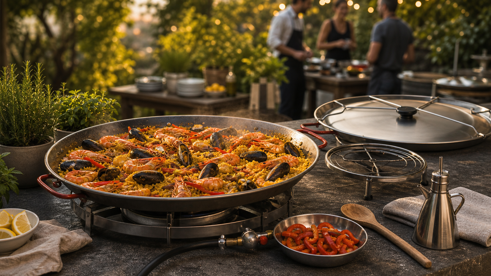 Paella cuisinée dans un grand plat avec brûleur et accessoires