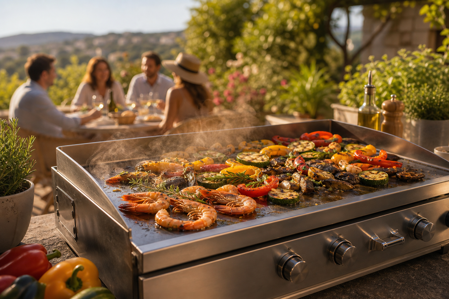 Plancha en extérieur avec légumes grillés, crevettes et herbes fraîches