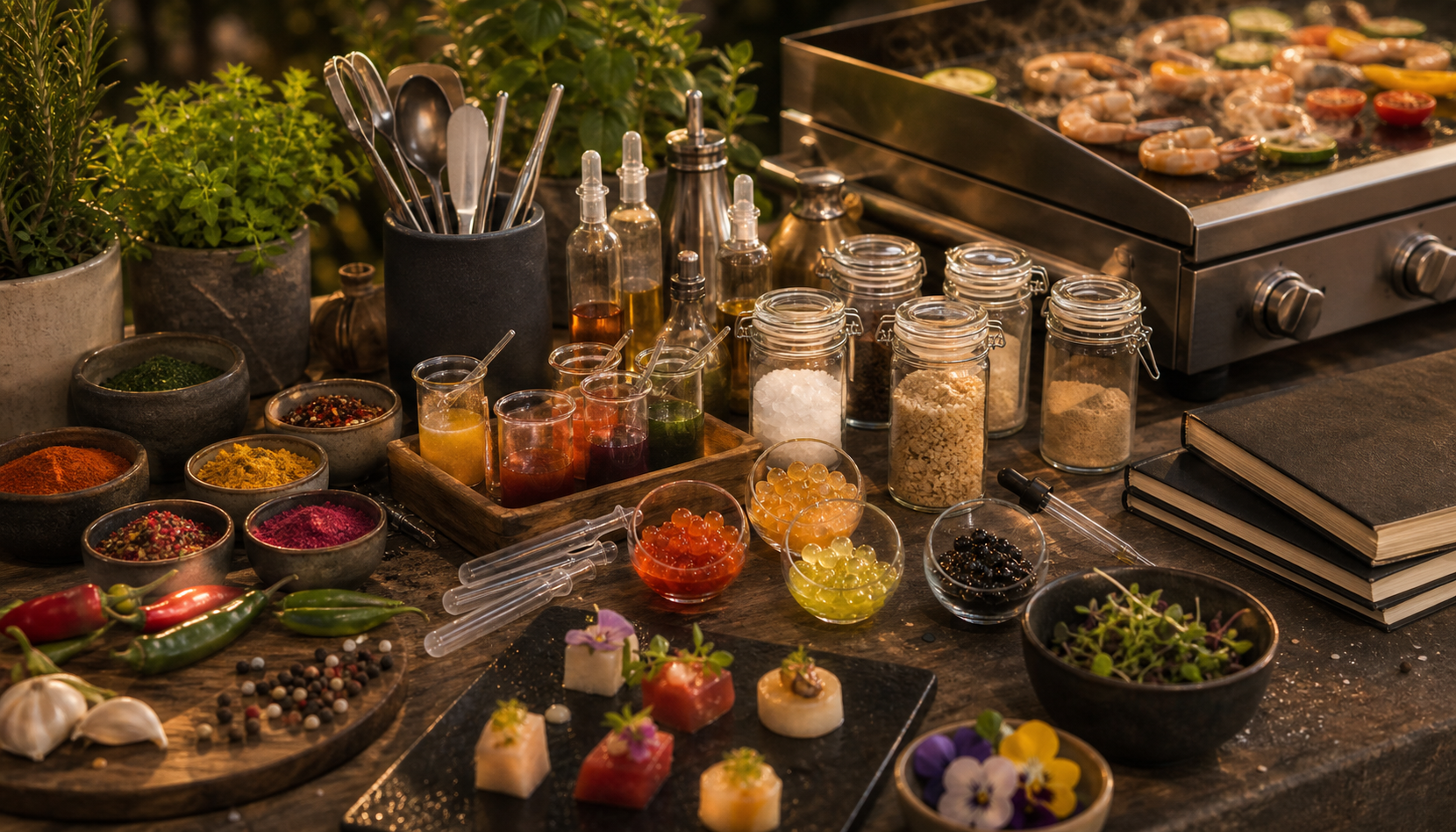 Épices, sauces, agents gélifiants et ustensiles de cuisine moléculaire