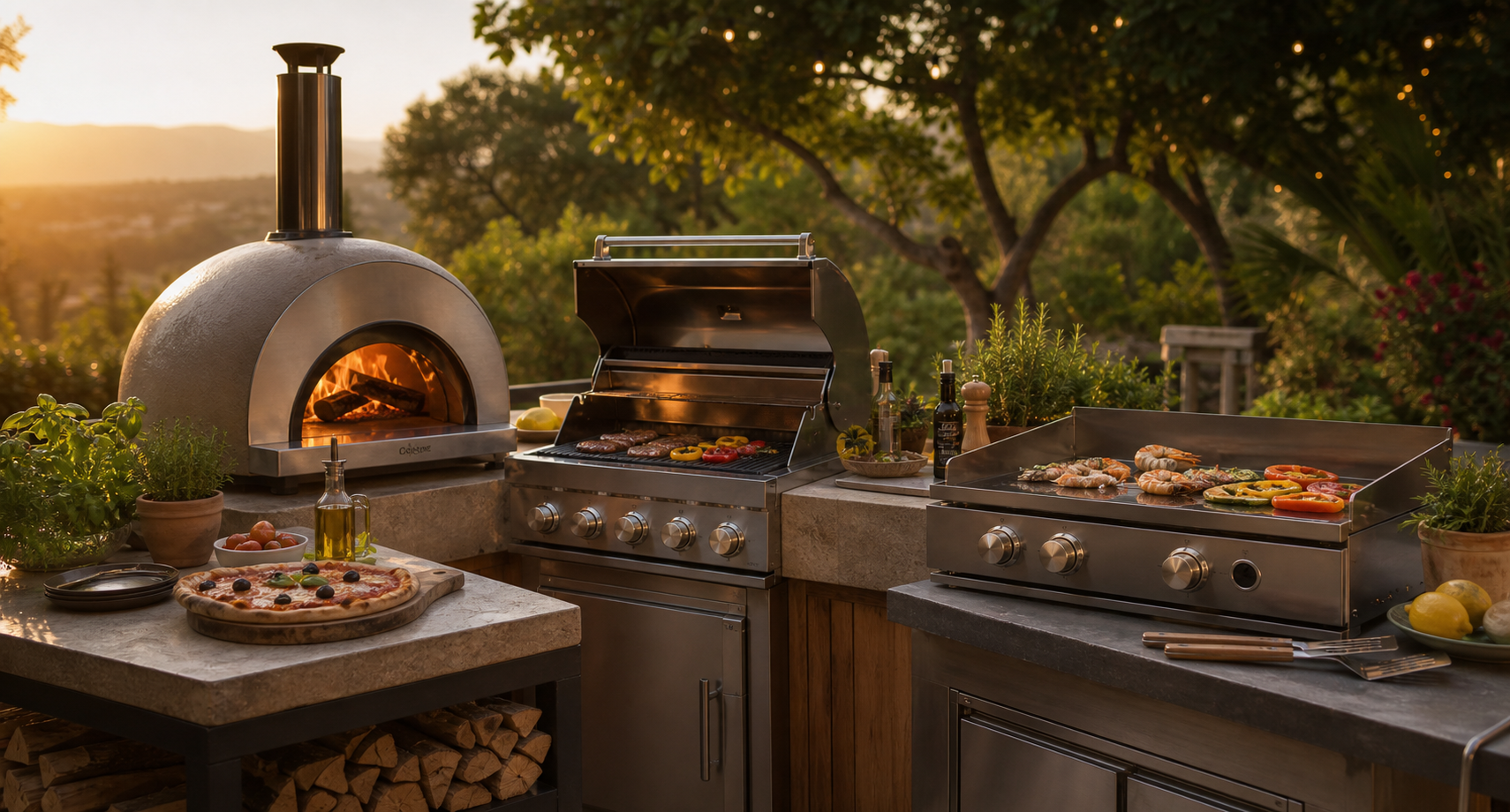 Cuisine extérieure avec four à pizza, barbecue et accessoires de cuisson