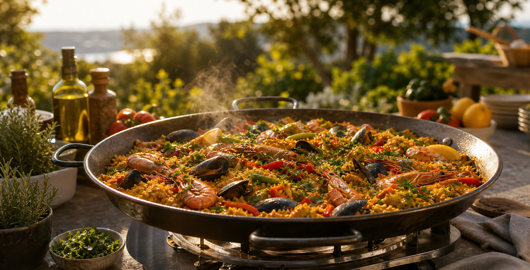Paella traditionnelle cuisinée dans un grand plat avec fruits de mer et légumes